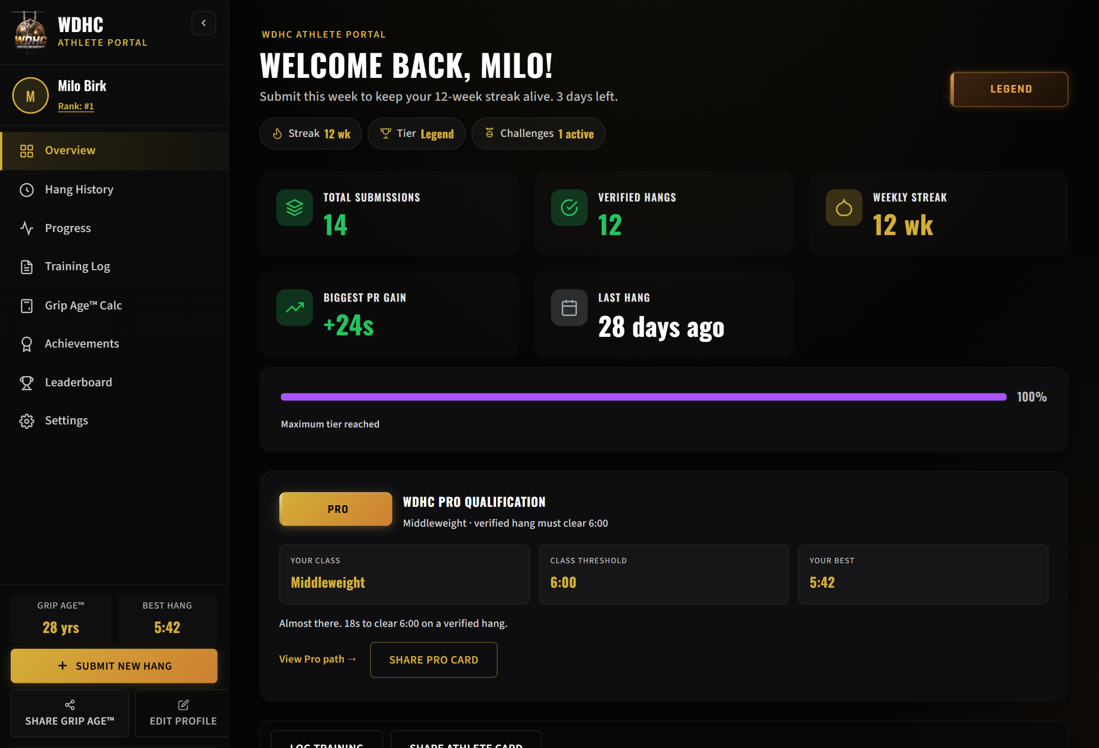 Athlete Portal dashboard with overview stats, Grip Age trend chart, and navigation